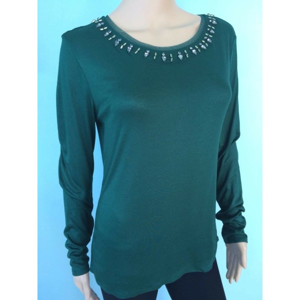 NWT Massimo Dutti Women's Top Sweater Green Long Sleeve Rhinestone Crystal S - Picture 2 of 12